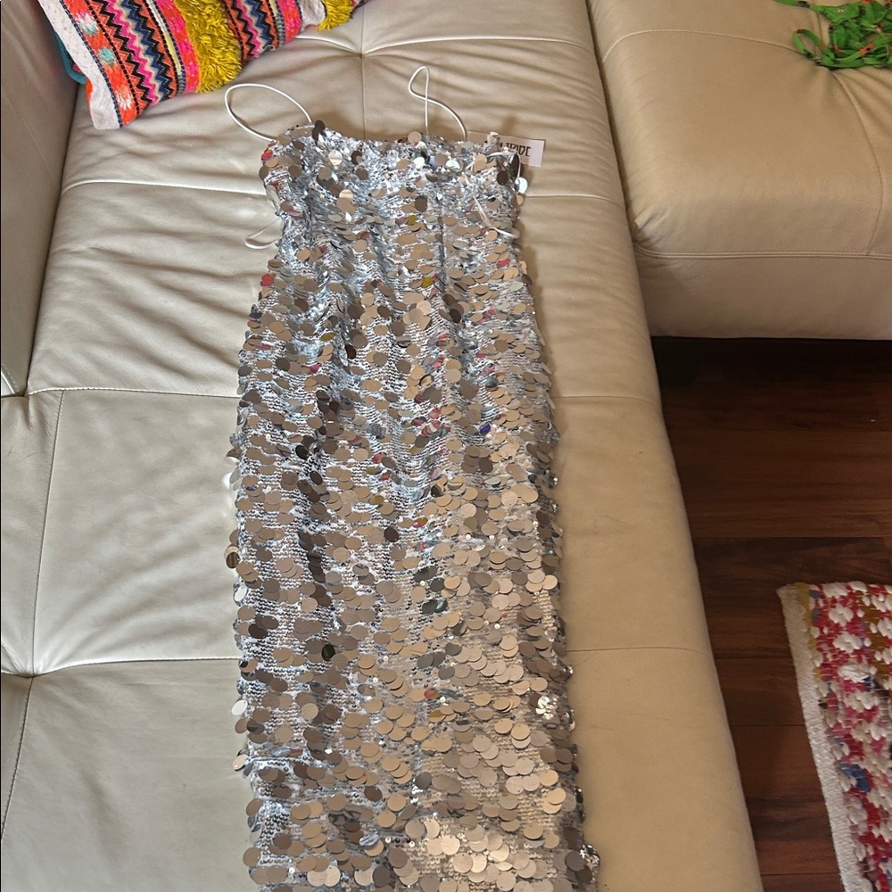 12th Tribe Strapless Silver Sequin Dress